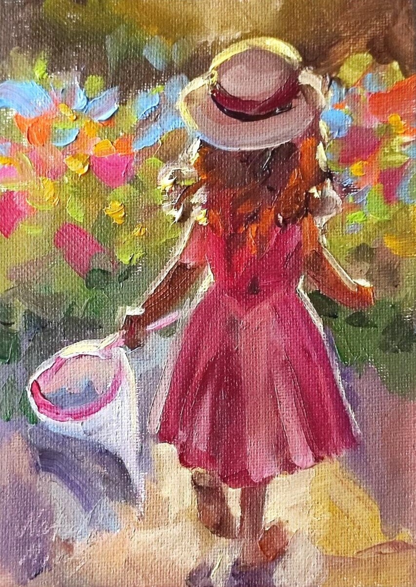 Little girl is the garden Original oil painting 5x7"