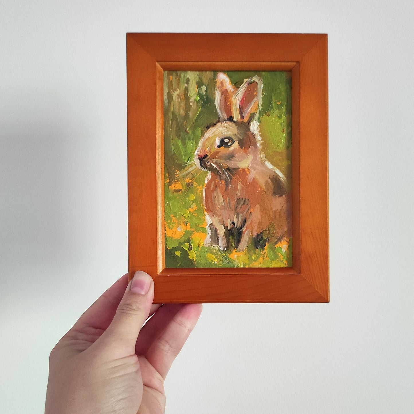 Bunny. Oil painting in vintage wooden frame. Cottagecore style