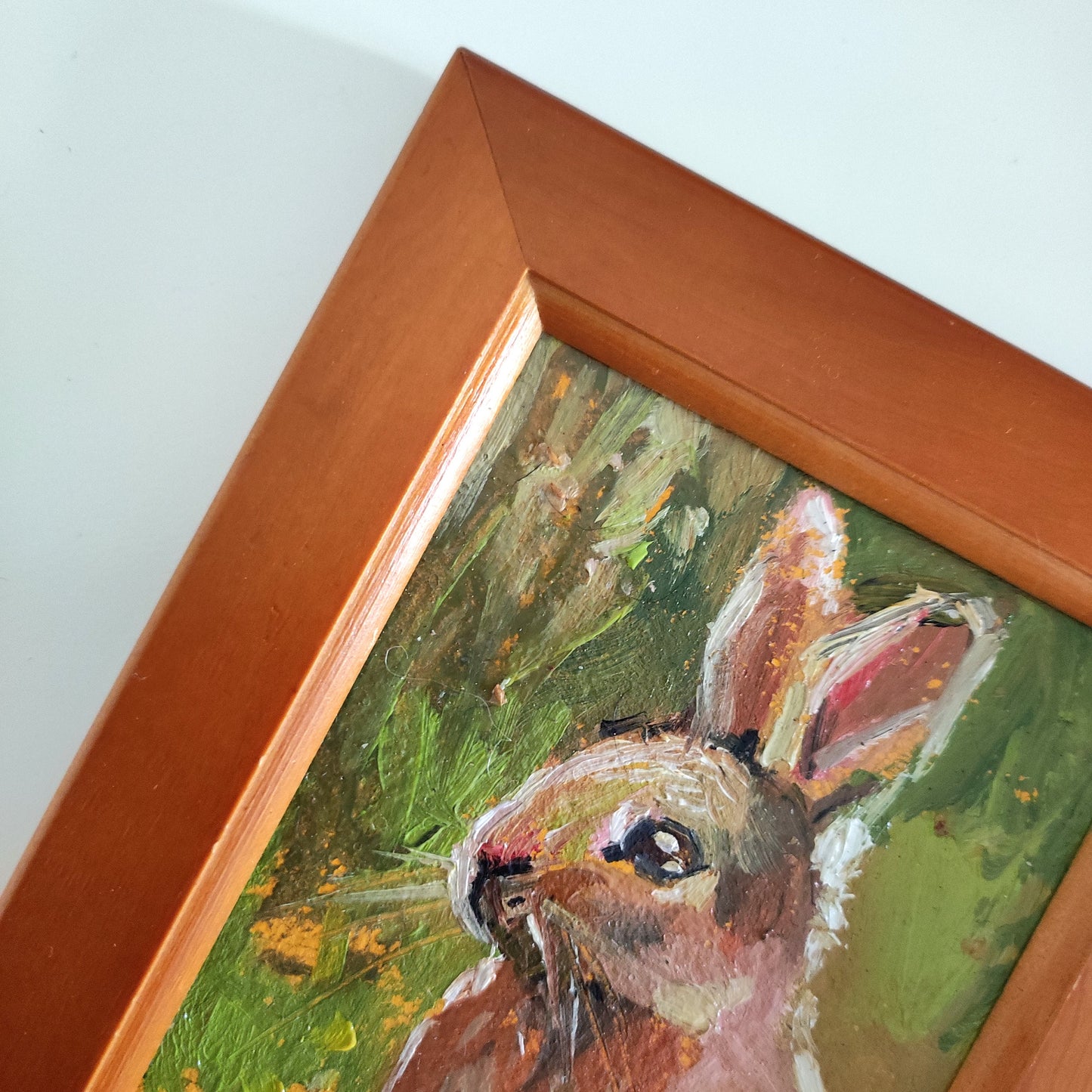 Bunny. Oil painting in vintage wooden frame. Cottage core style