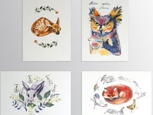 Owl with coffee, greeting card, print of a watercolor painting