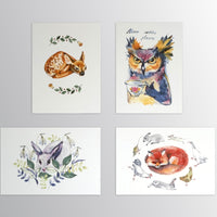 Owl with coffee, greeting card, print of a watercolor painting