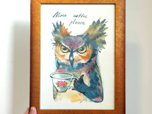 Hauska kahvipöllö – taideprintti kahvin ystäville