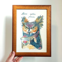 Hauska kahvipöllö – taideprintti kahvin ystäville