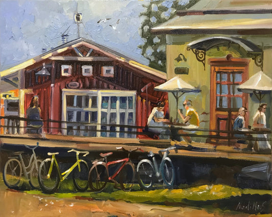 "Cafe on the marine" Finnish landscape. Original oil painting 16x20''