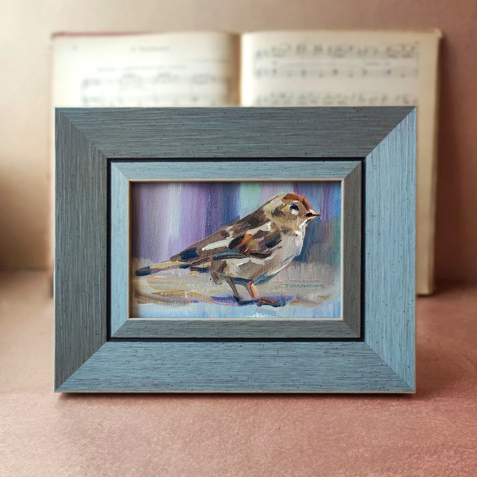 Sparrow. Framed original oil painting.