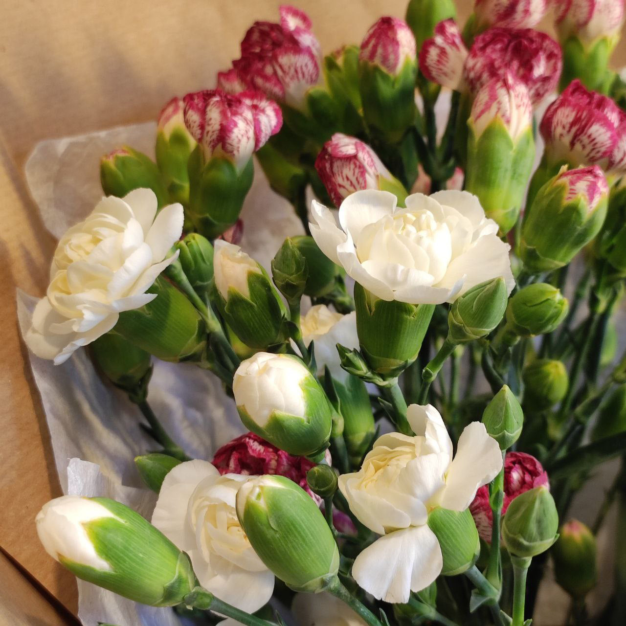 Lovely bouquet with bushy carnations.