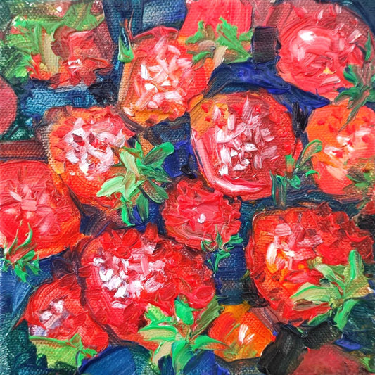 Strawberry. Original oil painting on a stretched canvas. 6x6''. Cottagecore style kitchen art.