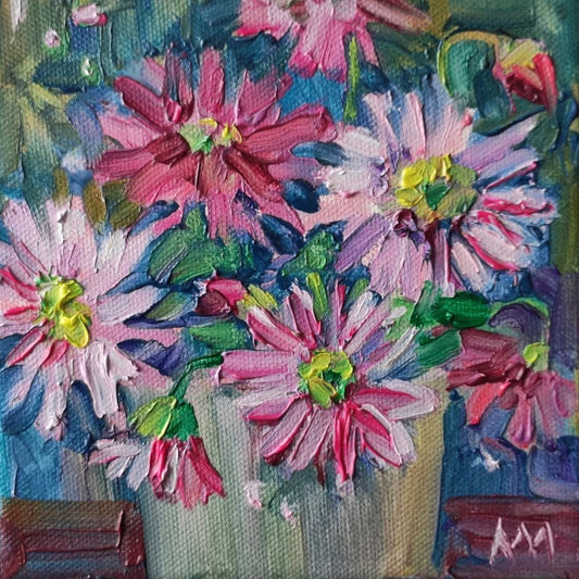 Pink Daisies. Original oil painting, 6x6''. Cottage core style home decor.