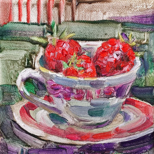 Strawberry in a antique cup, original oil painting 6x6''. Cottage core style painting