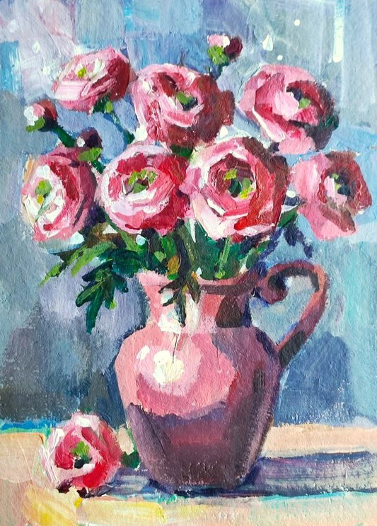 Pink Ranunculus bouquet. 6,5x9,5'' Original acrilic painting.