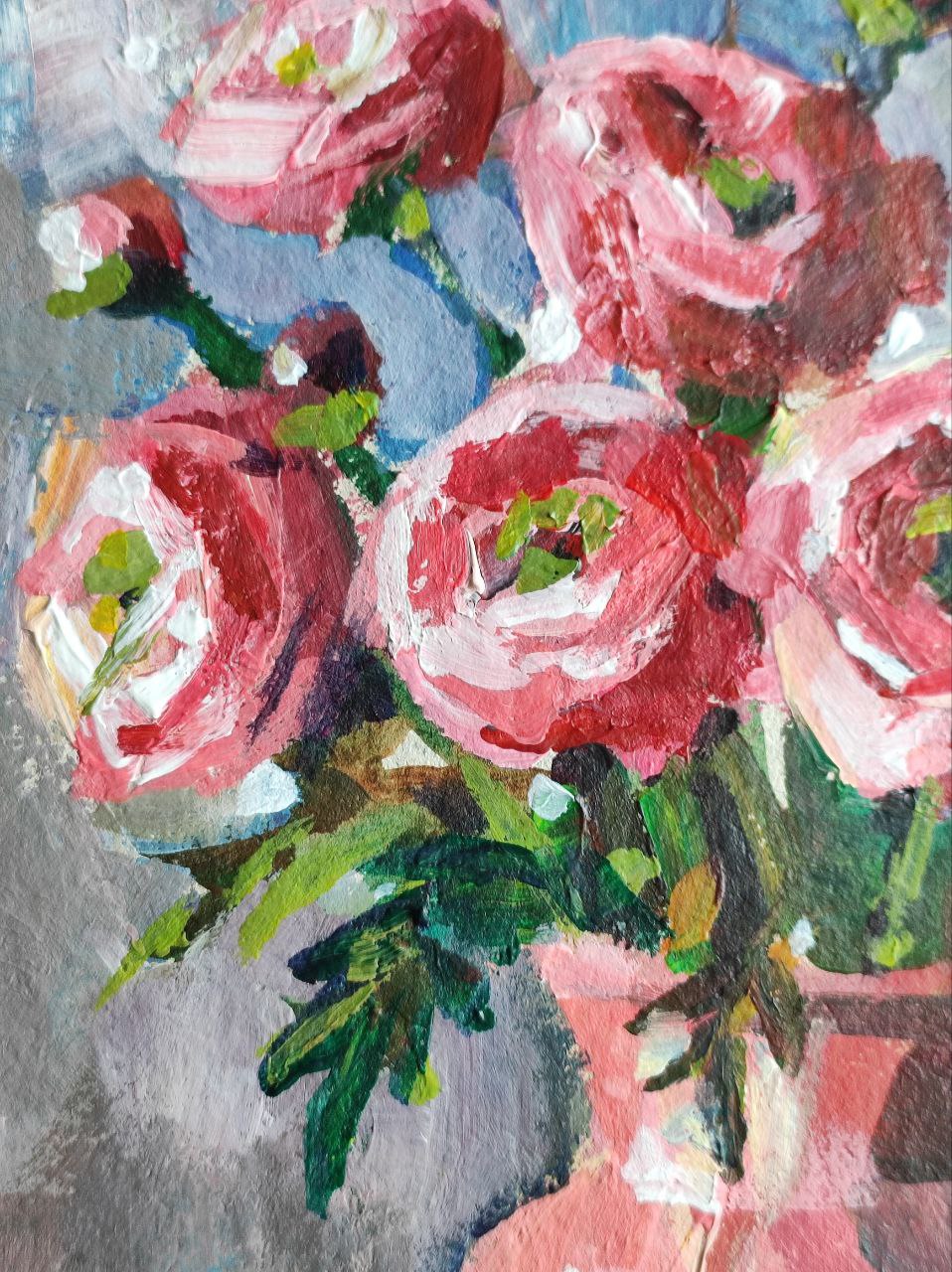 Pink Ranunculus bouquet. 6,5x9,5'' Original acrilic painting.