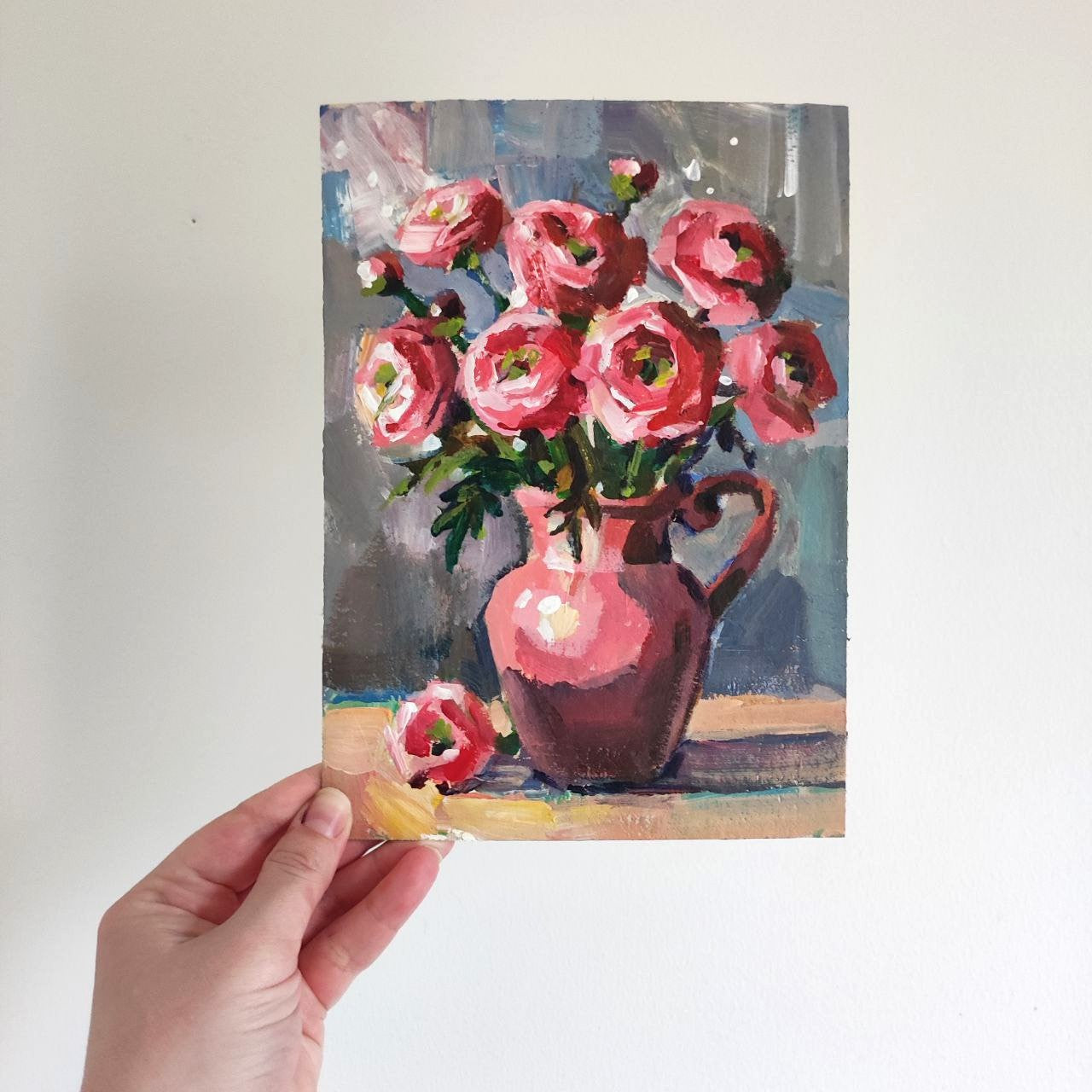 Pink Ranunculus bouquet. 6,5x9,5'' Original acrilic painting.