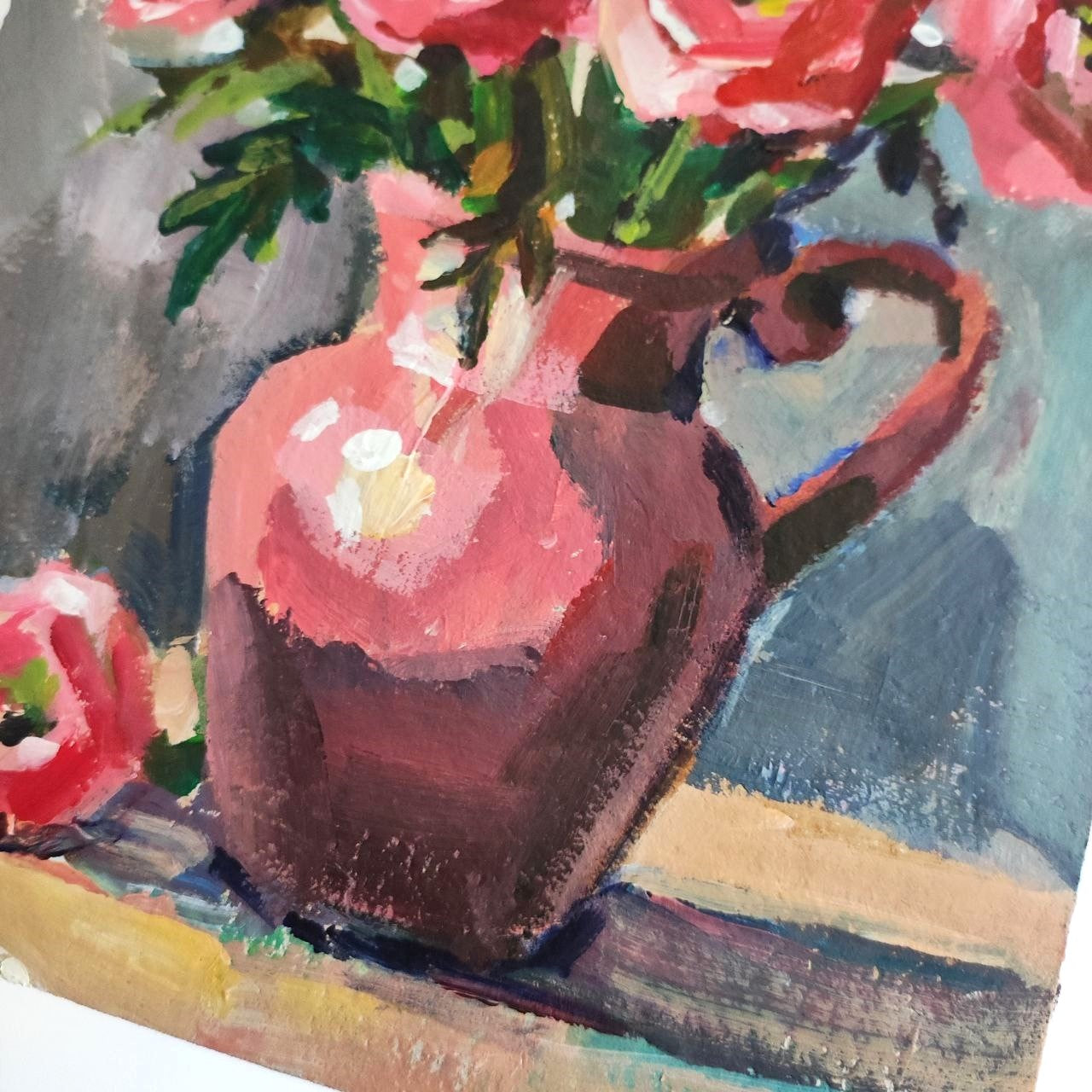 Pink Ranunculus bouquet. 6,5x9,5'' Original acrilic painting.