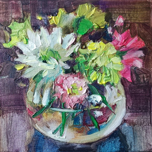 Original oil painting "Flowers in a ball vase" 6x6''. Cottage core art work.