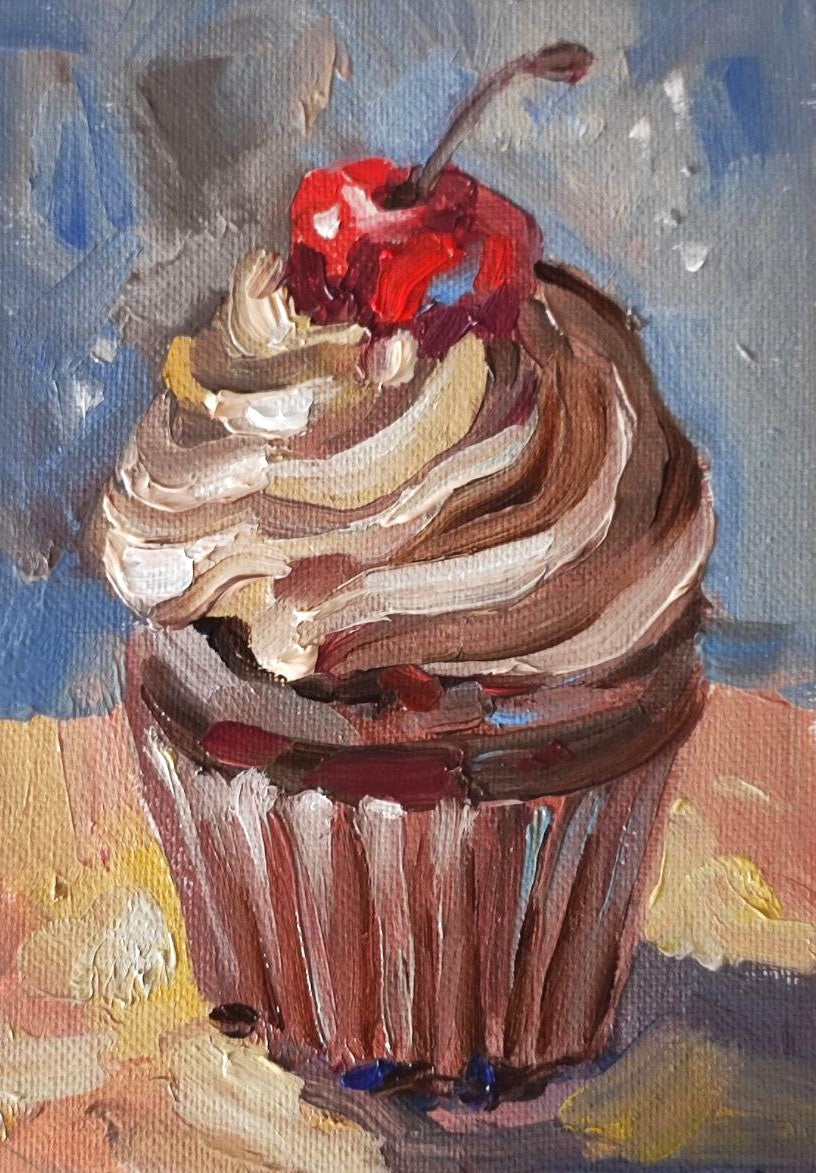 Cupcake- Oil painting 5x7''. Original art for kitchen