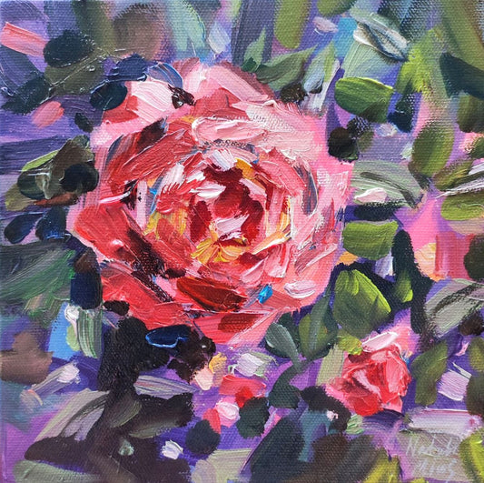 Original oil painting pink rose art stratched canvas. Oil painting canvas roses tiny painting  Floral oil painting original impasto art