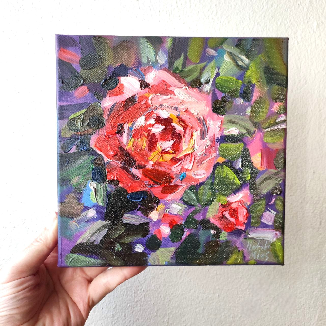 Original oil painting pink rose art stratched canvas. Oil painting canvas roses tiny painting  Floral oil painting original impasto art