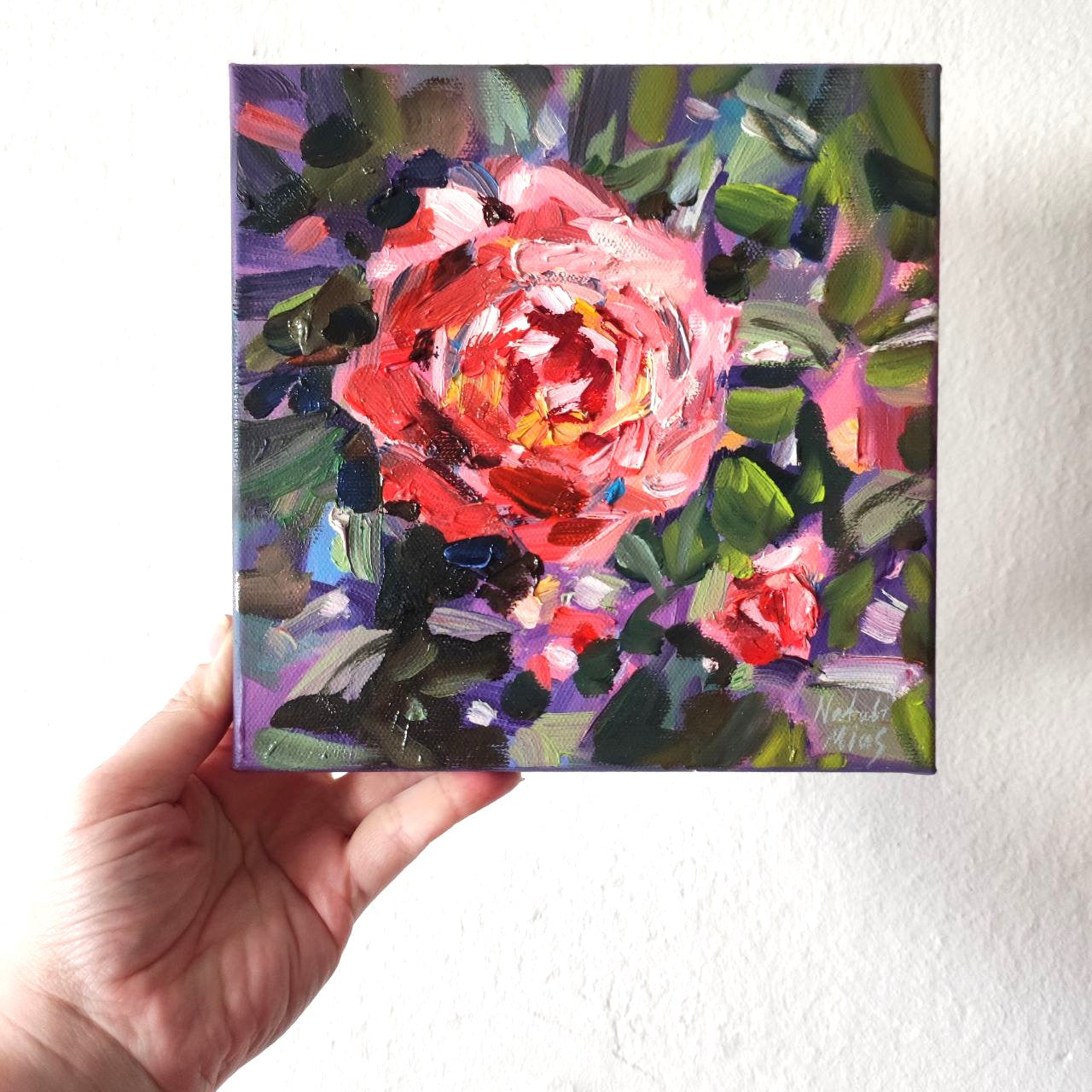 Original oil painting pink rose art stratched canvas. Oil painting canvas roses tiny painting  Floral oil painting original impasto art