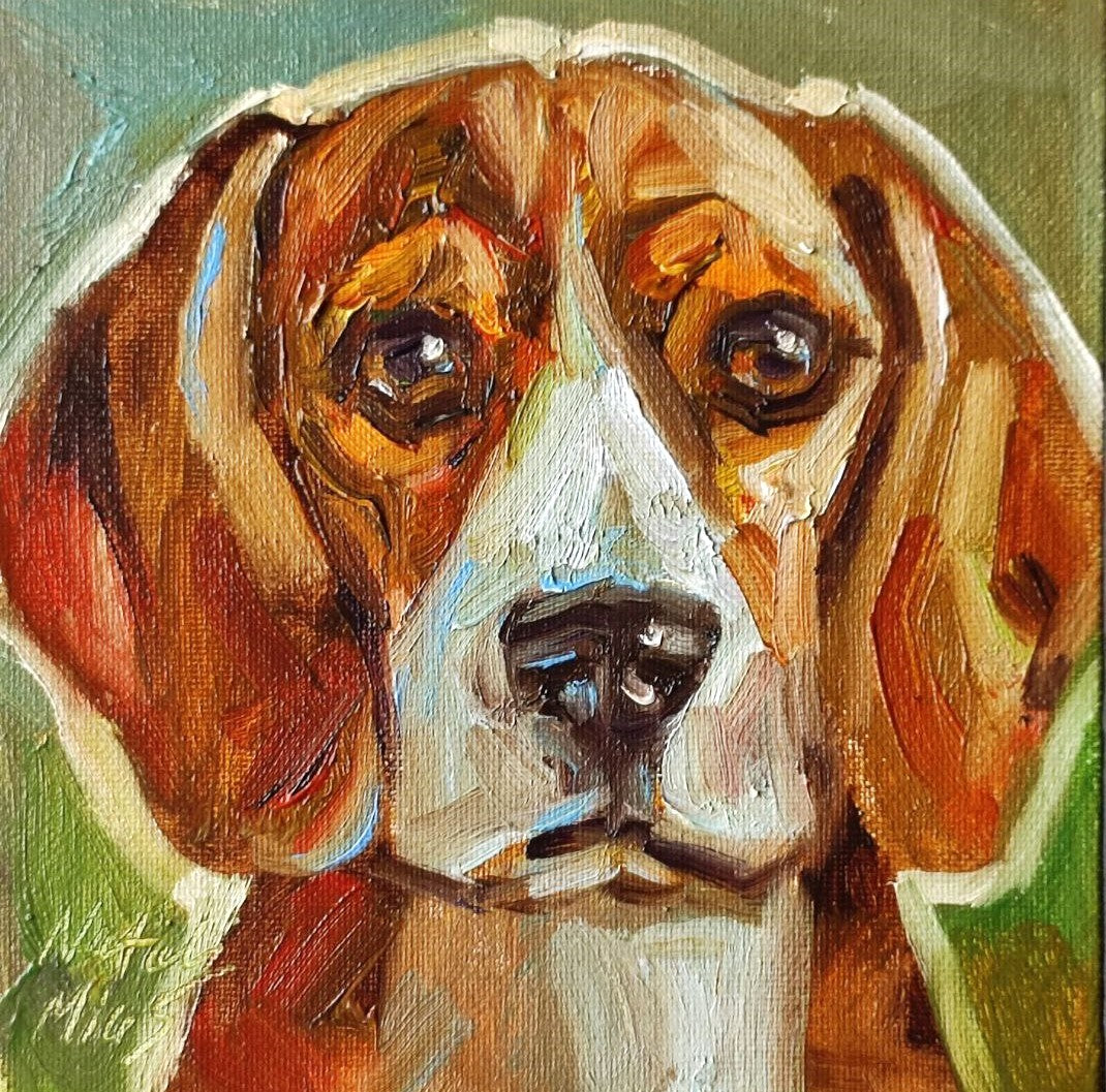 Beagle dog portrait Original oil painting 6x6''