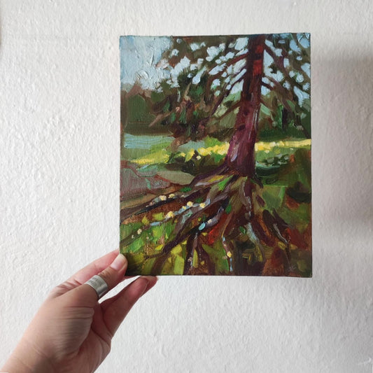 Old tree. Original oil painting 7x9''. Forest landscape, cottagecore style.