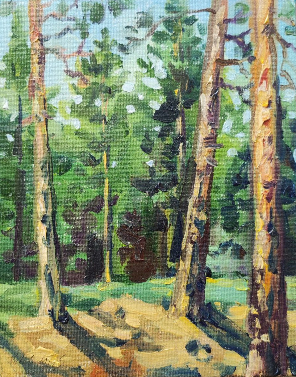 Pine Tree Landscape. Original oil painting 7x9''. Summer art work.