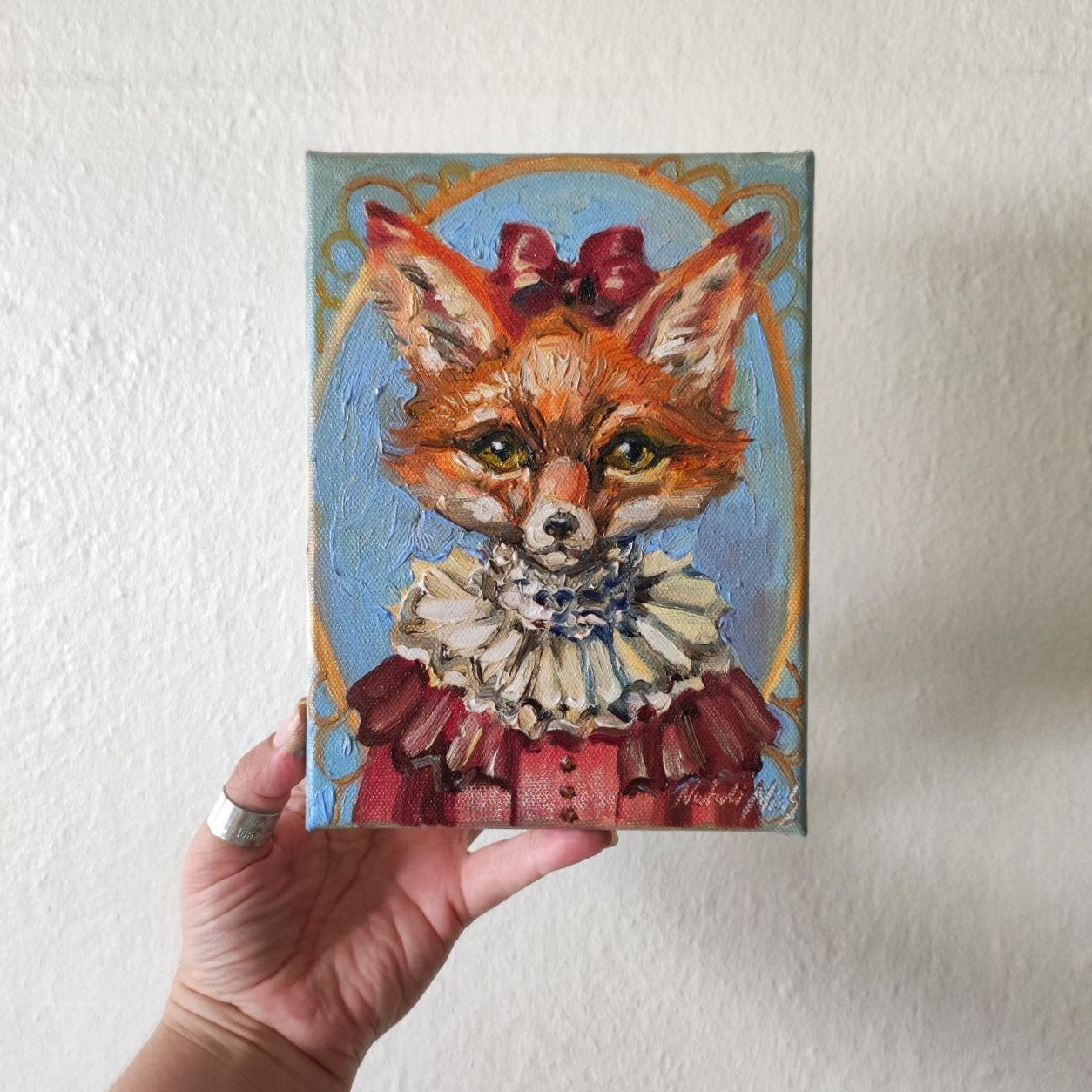 "Ms. Fox" original oil painting 6x8''. Victorian style wall art.