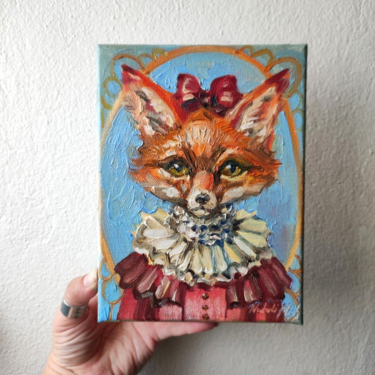 "Ms. Fox" original oil painting 6x8''. Victorian style wall art.