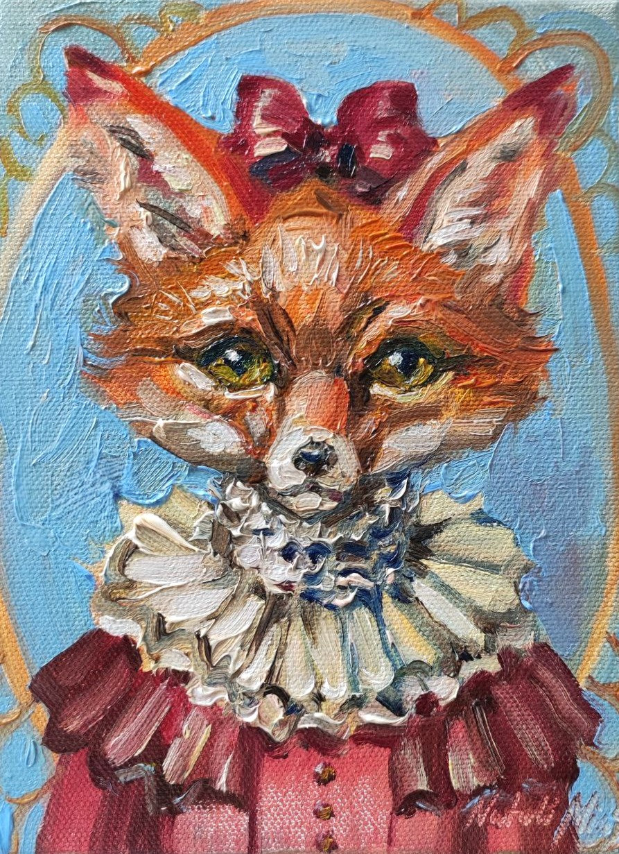 "Ms. Fox" original oil painting 6x8''. Victorian style wall art.