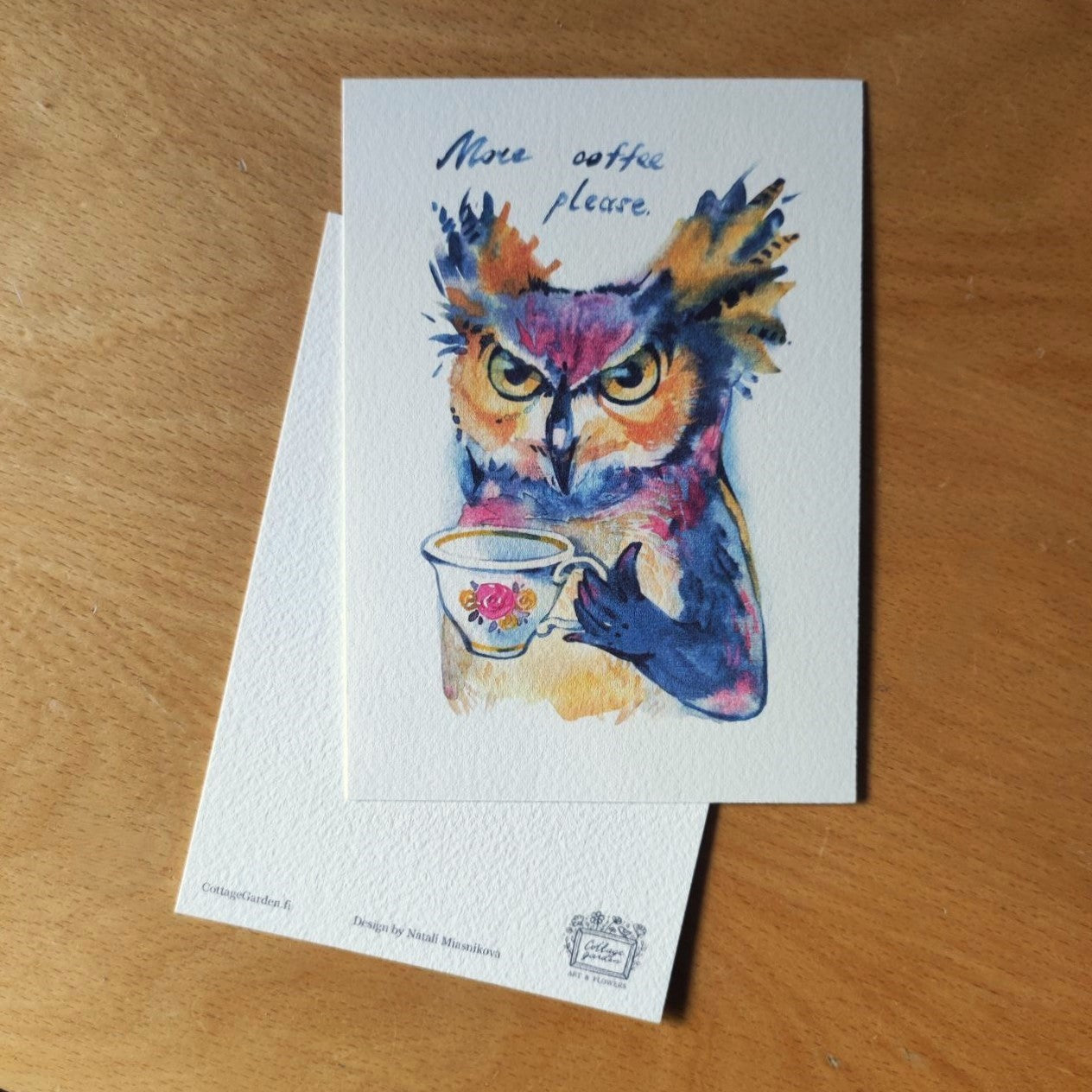 Owl with coffee, greeting card, print of a watercolor painting