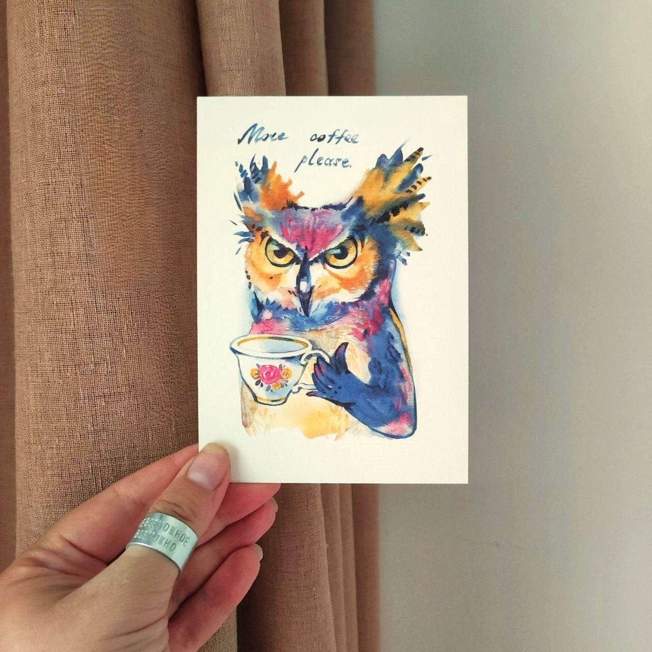 Owl with coffee, greeting card, print of a watercolor painting