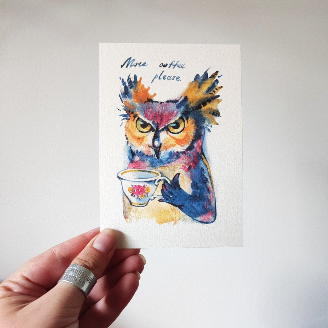 Owl with coffee, greeting card, print of a watercolor painting