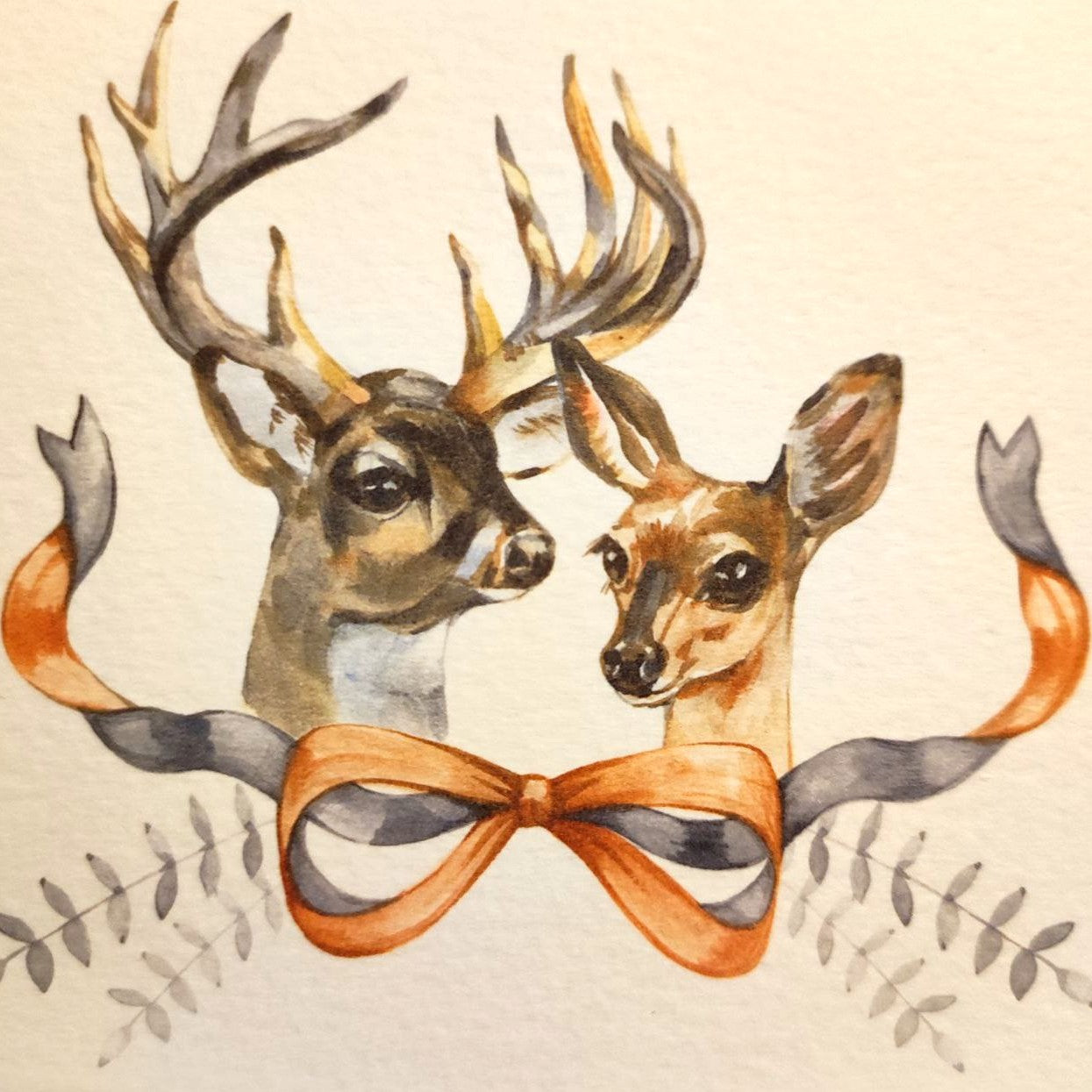 Couple of deers, forest family greeting card, print of a watercolor painting