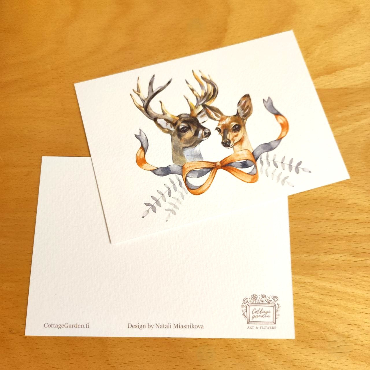 Couple of deers, forest family greeting card, print of a watercolor painting