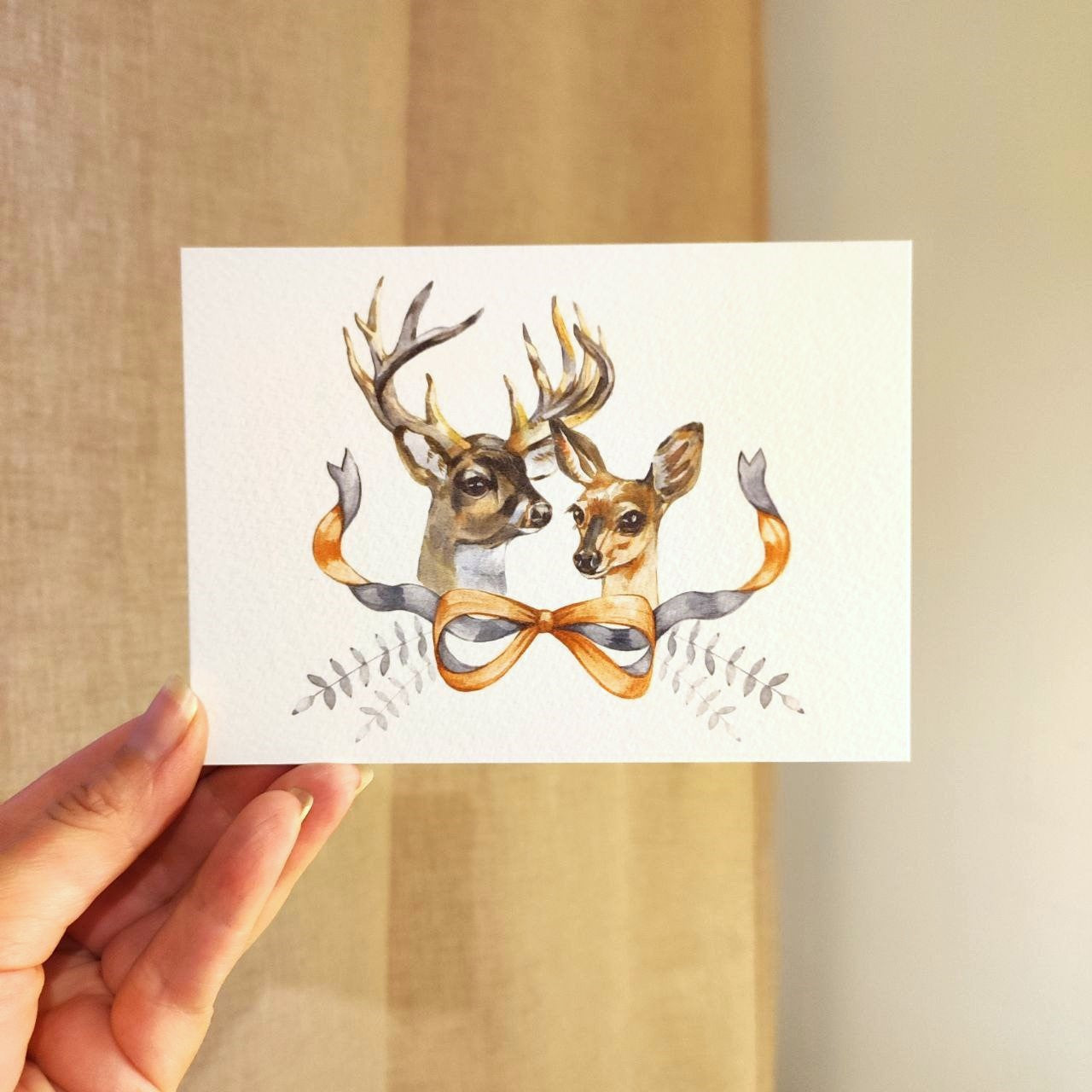 Couple of deers, forest family greeting card, print of a watercolor painting