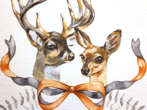 Couple of deers, forest family greeting card, print of a watercolor painting