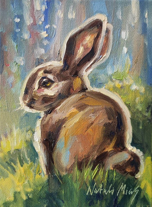 Hare. Original oil painting 15x20 cm. Cottagecore style forest animal wall art