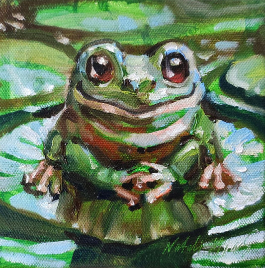 Frog. Original oil painting 6x6 . Cottagecore style art.