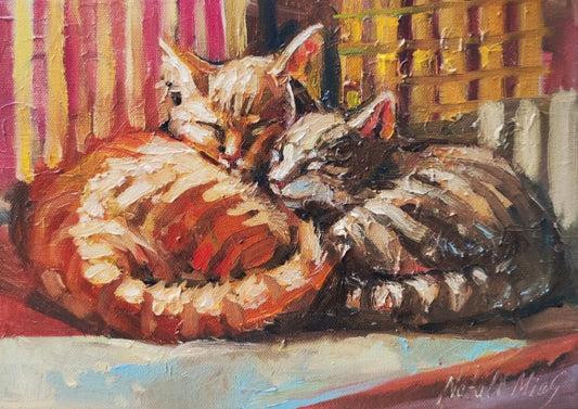 Couple of cats. Original oil painting 20x30 cm. Cute wall art