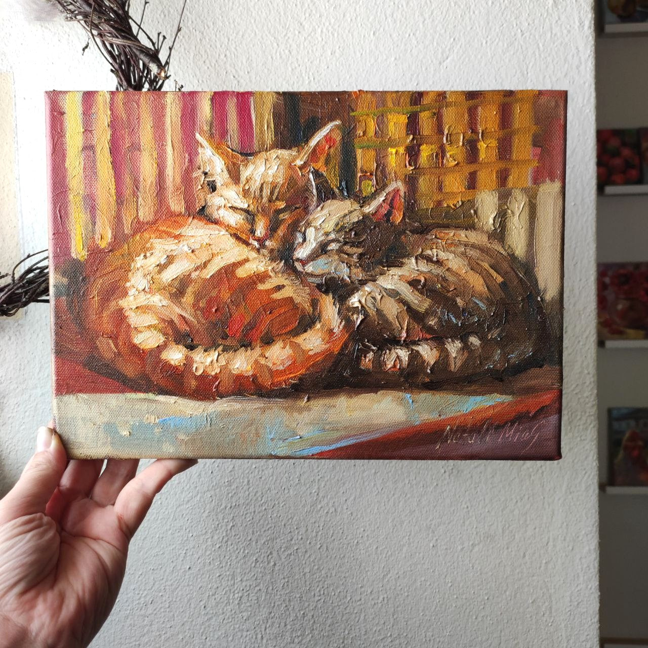 Couple of cats. Original oil painting 20x30 cm. Cute wall art