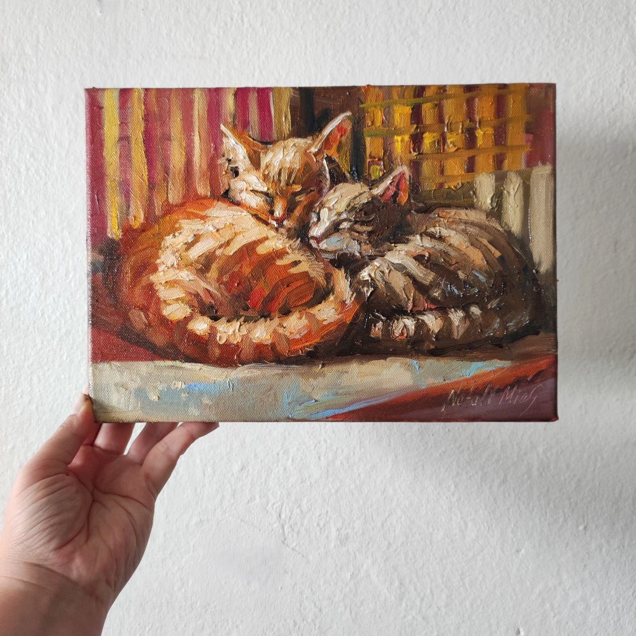 Couple of cats. Original oil painting 20x30 cm. Cute wall art