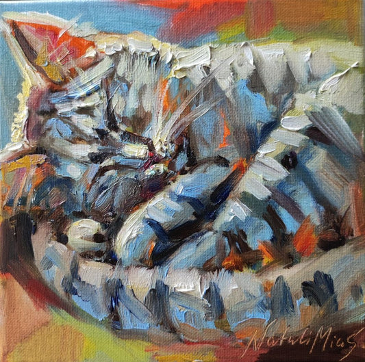 Cat is sleeping. Original oil painting on stretched canvas 8x8"