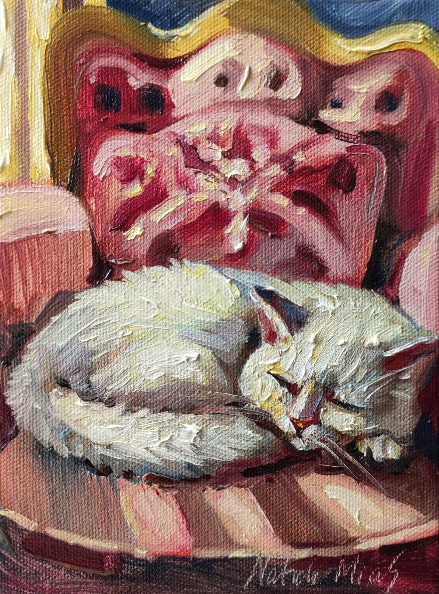 Сat sleeping in vintage chair. Original oil painting 6x8"