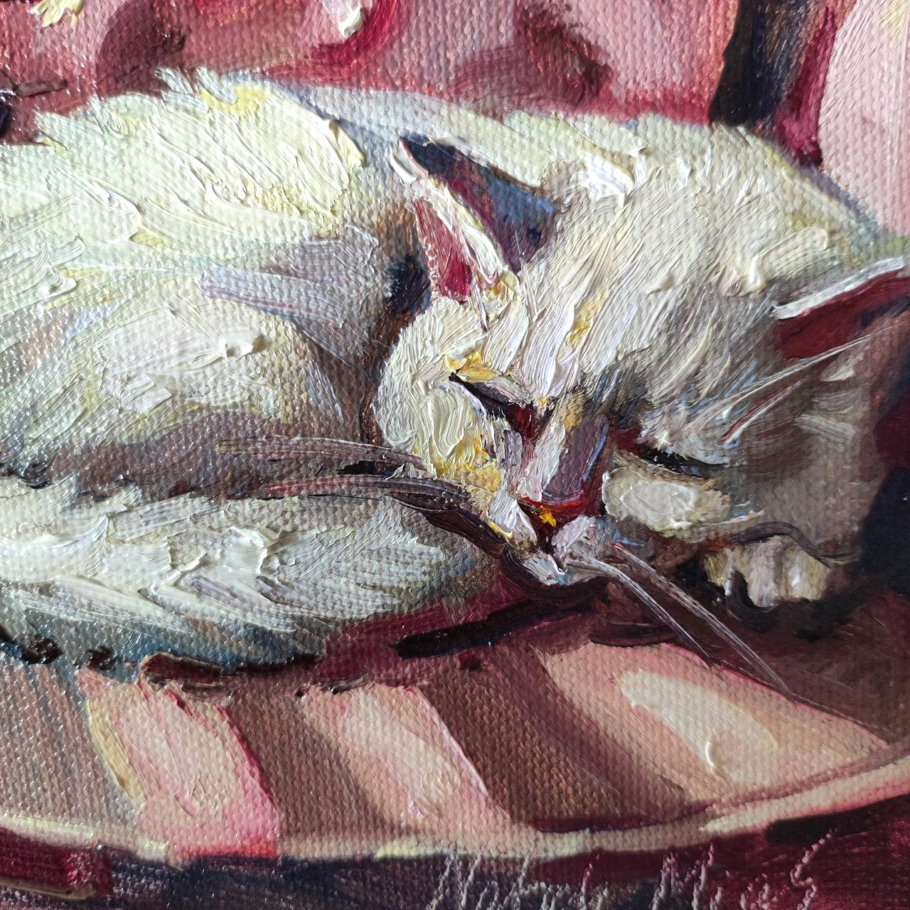 Сat sleeping in vintage chair. Original oil painting 6x8"