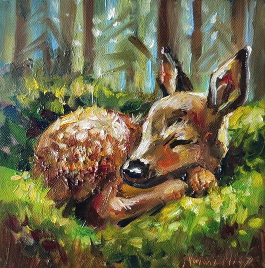 Little deer. Original oil painting on canvas 8x8 . Cottagecore style. Forest animal art