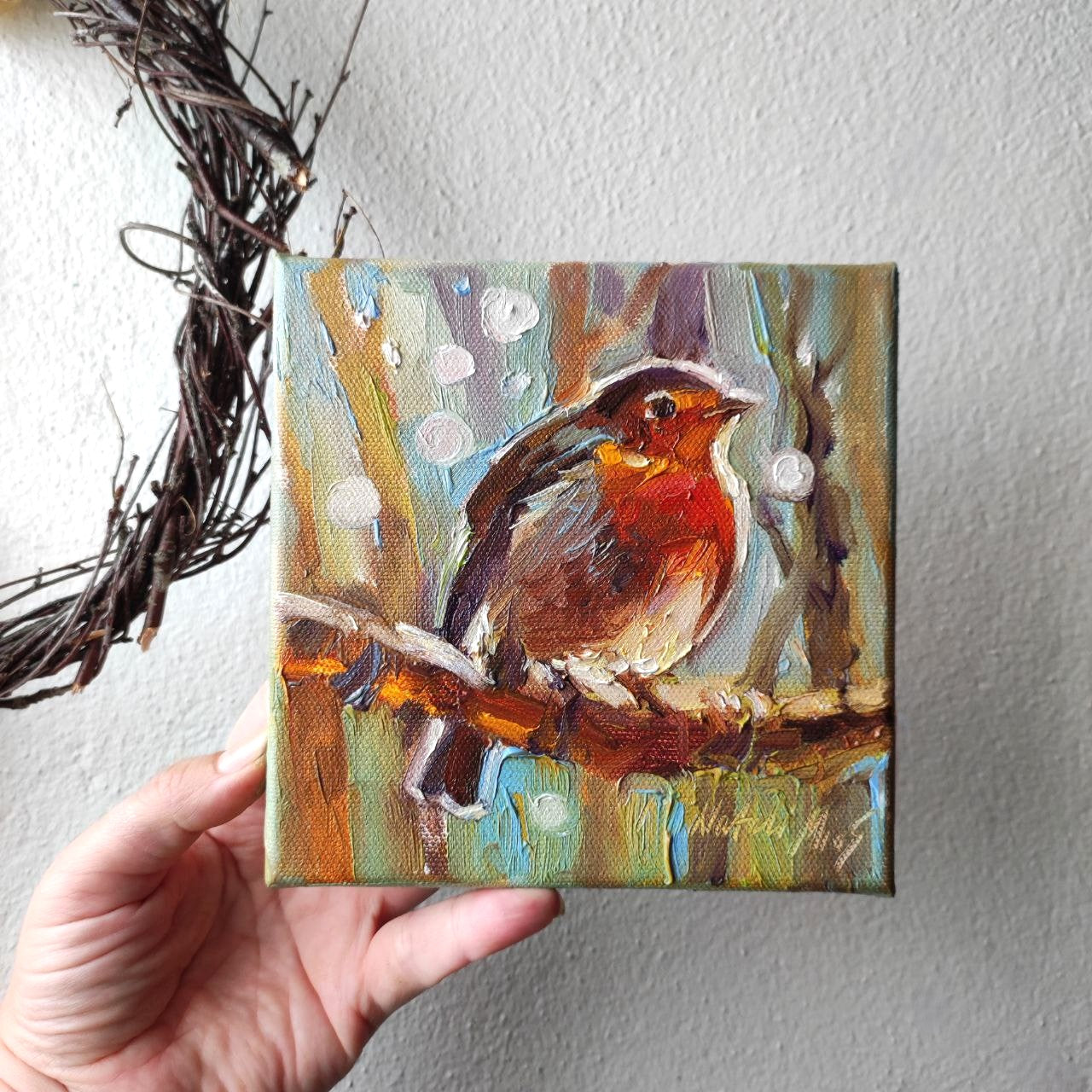 Robin bird. Original oil painting 6x6''. Forest bird wall art.