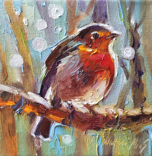 Robin bird. Original oil painting 6x6''. Forest bird wall art.