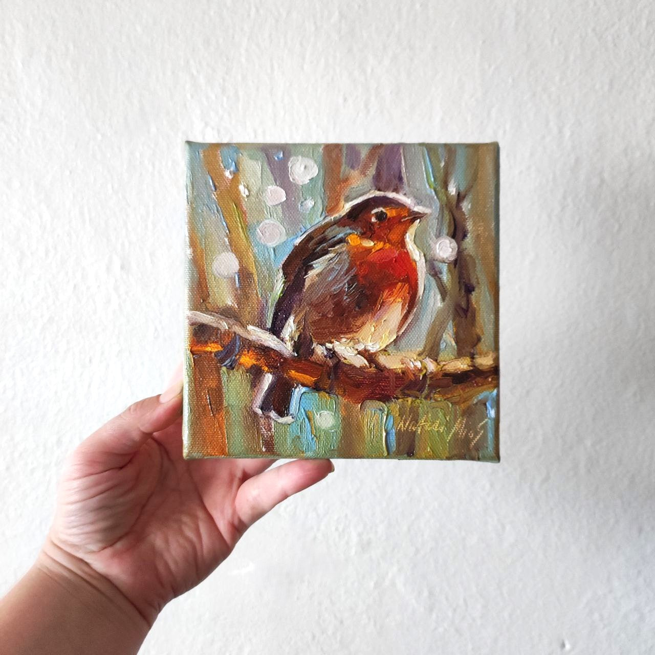 Robin bird. Original oil painting 6x6''. Forest bird wall art.