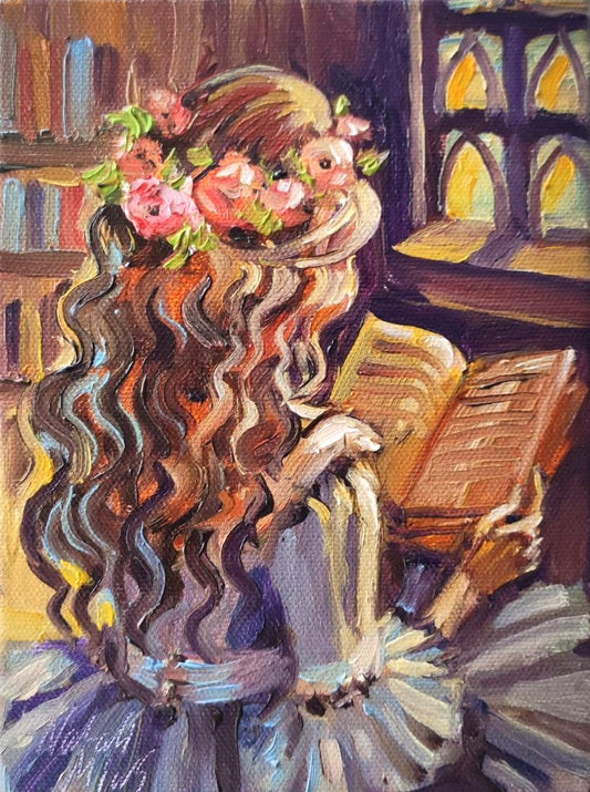 Girl with book. Original oil painting 6x8''. Cottagecore style. Books lover gift