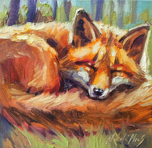 Sleeping Fox. Original oil painting 8x8''. Cottagecore art. Forest animal wall art