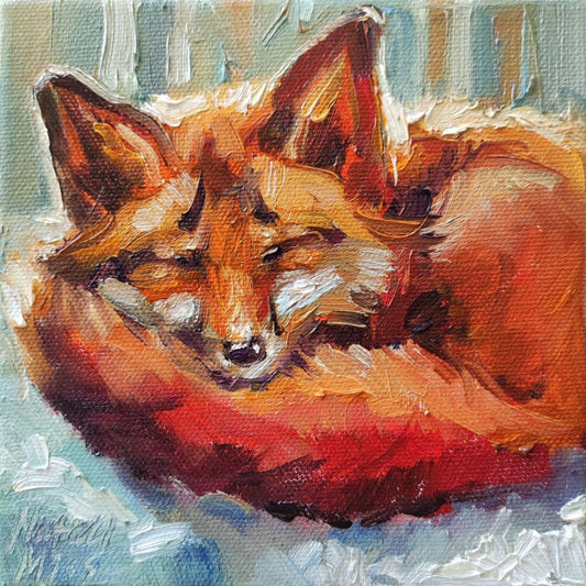 Sleeping Fox. Original oil painting 6x6''. Cottagecore art. Forest animal wall art